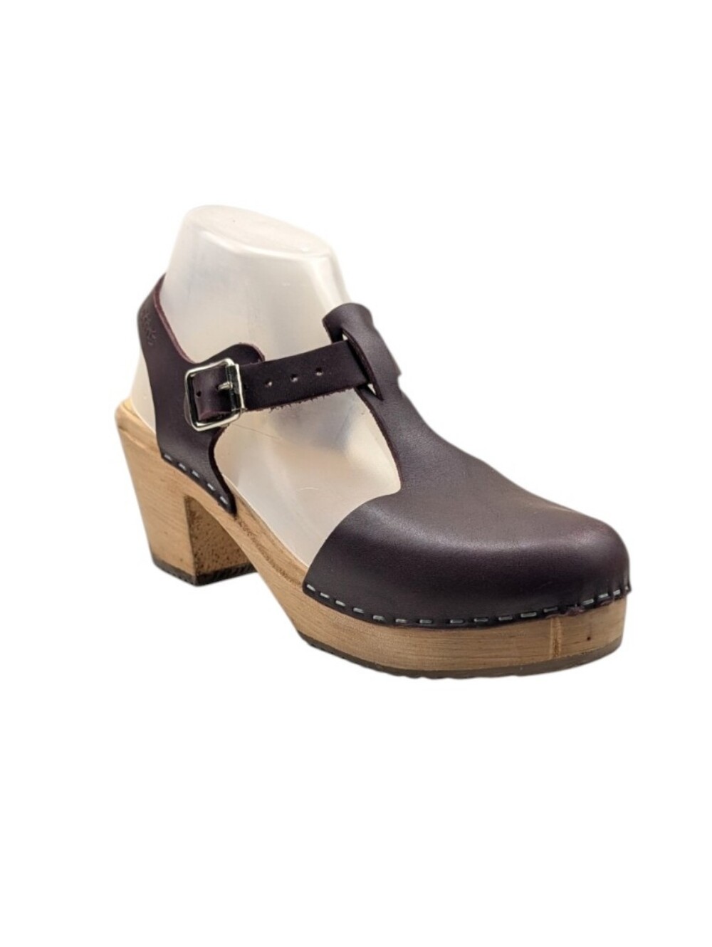 Lotta Stockholm Eggplant Color  Leather T-Strap Wood Clogs EU 41 US 9.5   S4223 - Picture 5 of 13